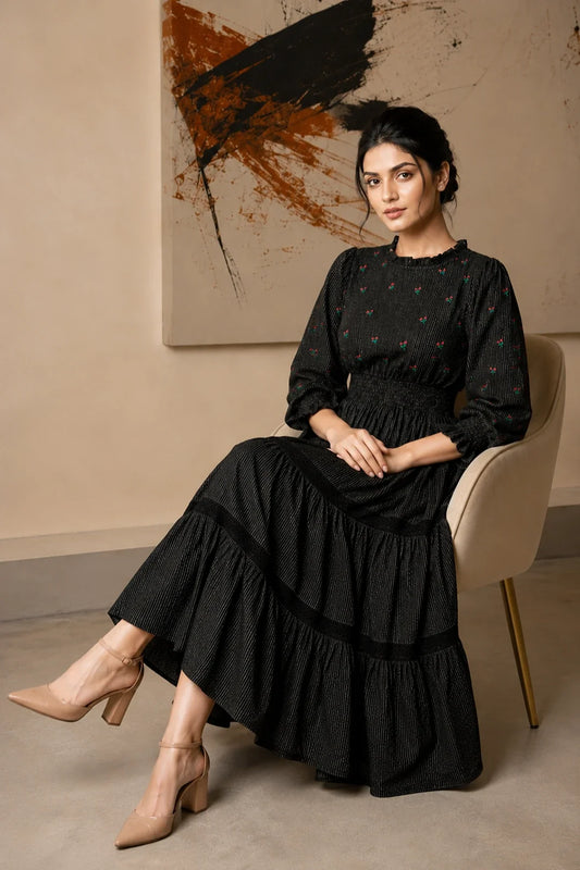 Utsav Radiant Meadows Black Cotton Kantha Tiered Dress