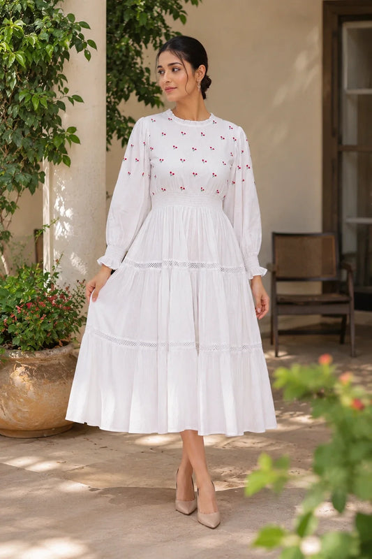Utsav Radiant Meadows Off-White Cotton Kantha Tiered Dress
