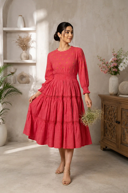 Utsav Radiant Meadows Cerise Pink Cotton Kantha Tiered Dress