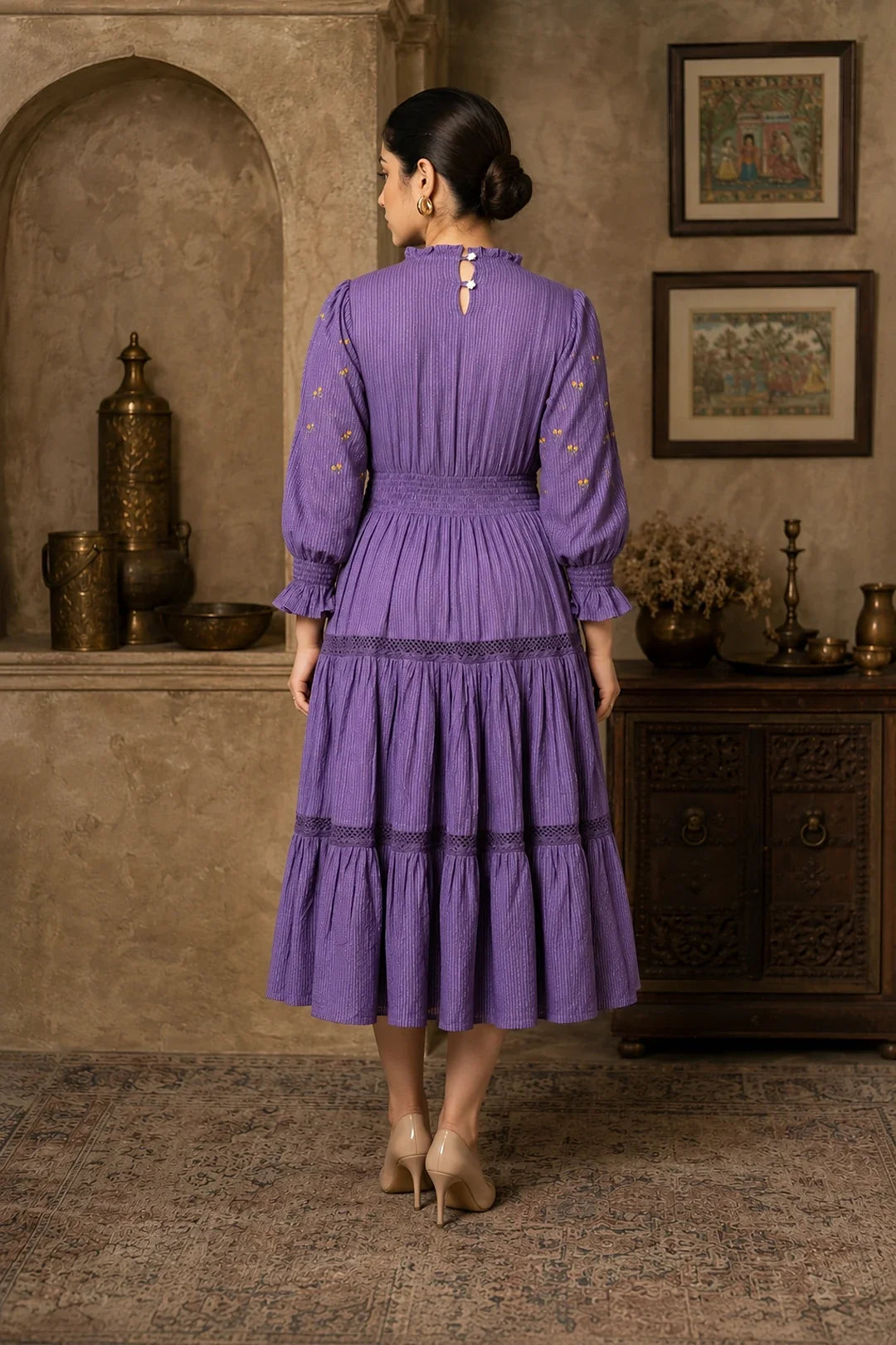 Utsav Radiant Meadows Purple Cotton Kantha Tiered Dress