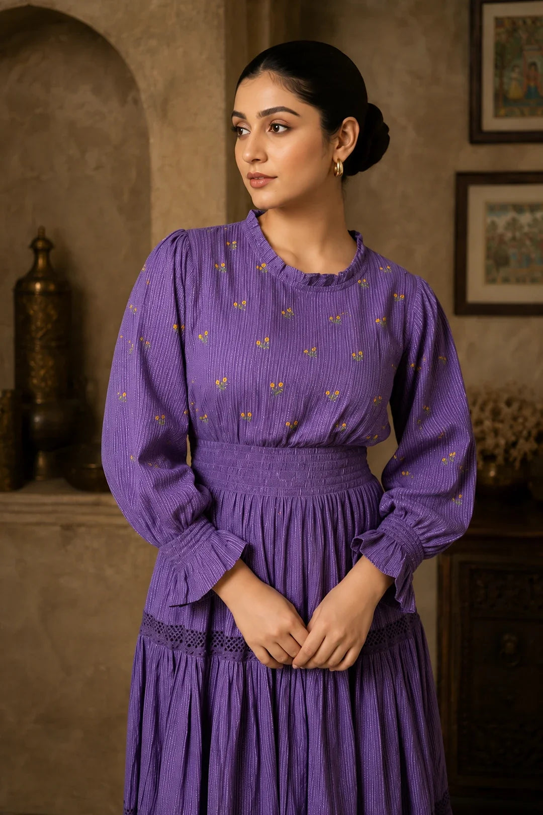 Utsav Radiant Meadows Purple Cotton Kantha Tiered Dress