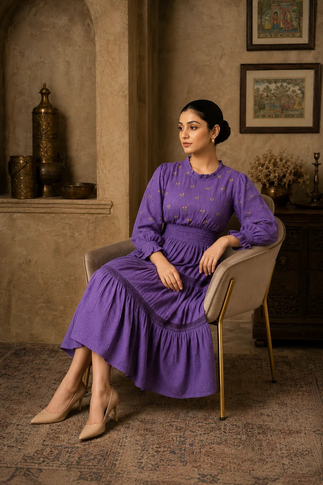 Utsav Radiant Meadows Purple Cotton Kantha Tiered Dress