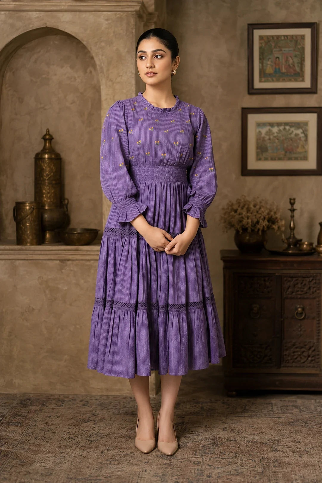 Utsav Radiant Meadows Purple Cotton Kantha Tiered Dress