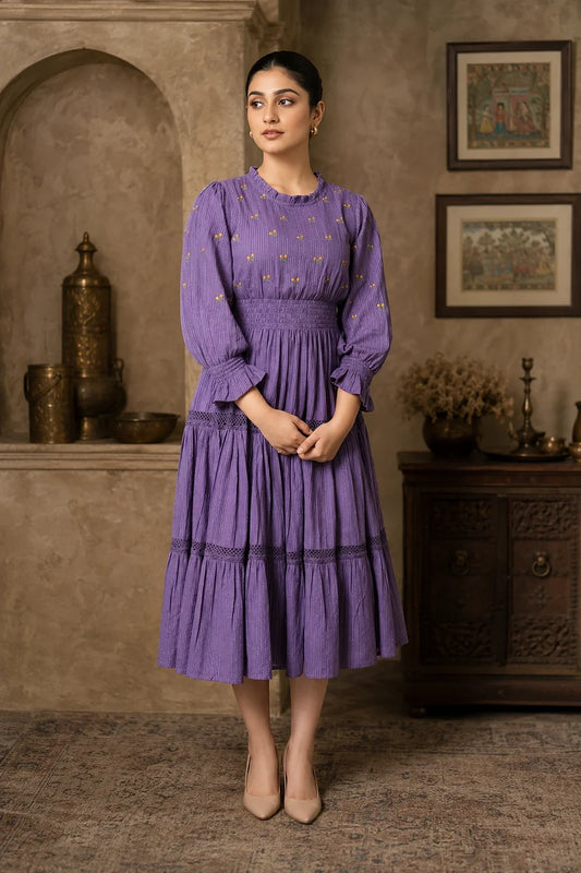 Utsav Radiant Meadows Purple Cotton Kantha Tiered Dress
