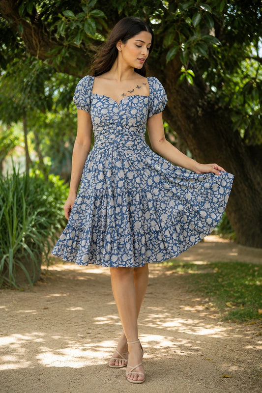 Utsav Navy Blossoms Block Printed Tiered Mini Dress