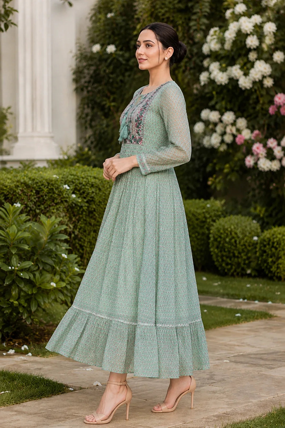 Utsav Ahila Kota Doria Block Printed Maxi Dress