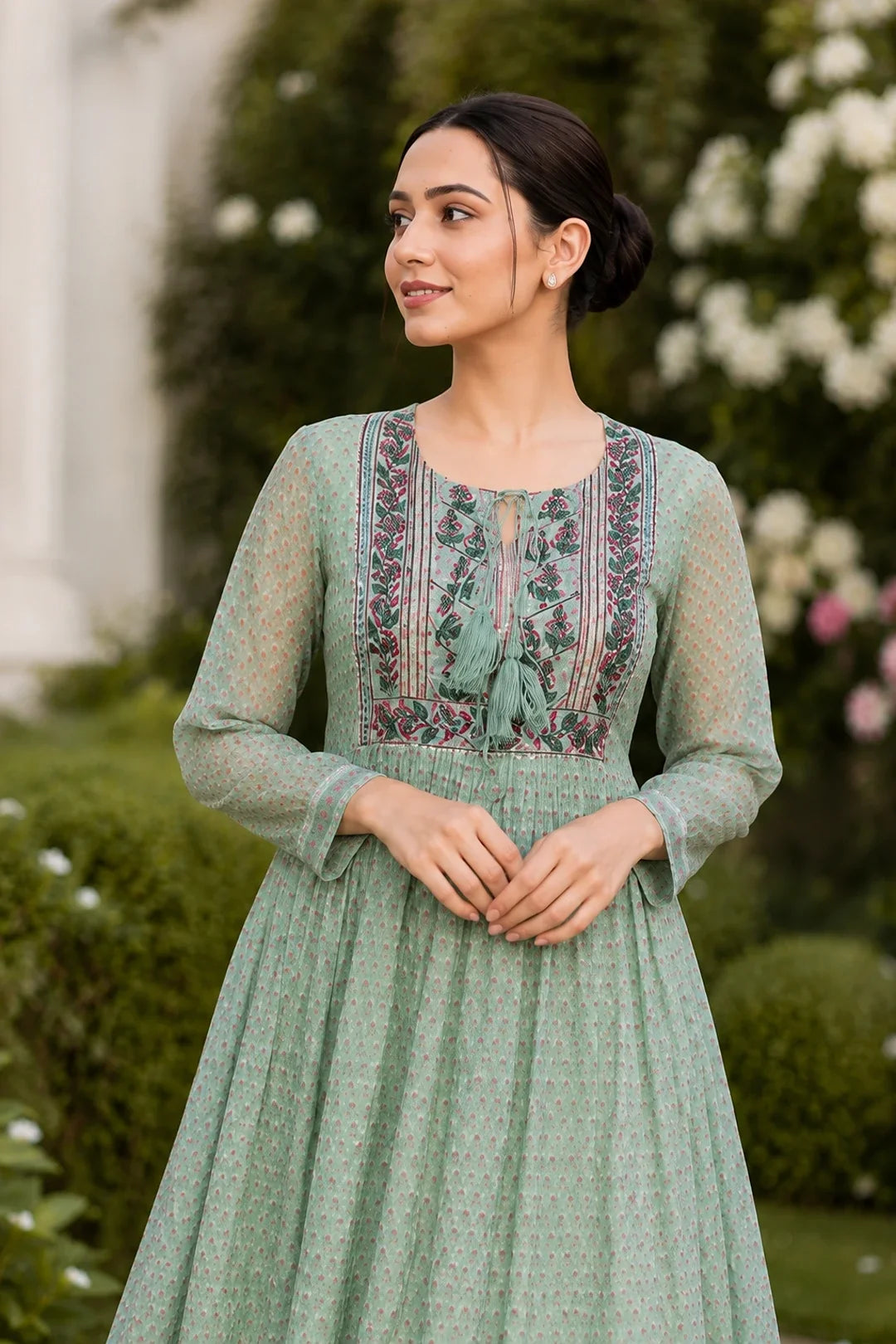 Utsav Ahila Kota Doria Block Printed Maxi Dress