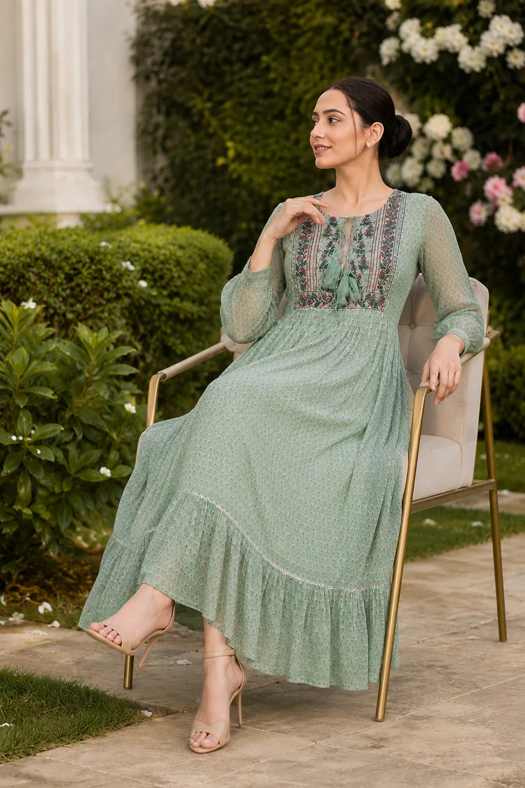 Utsav Ahila Kota Doria Block Printed Maxi Dress