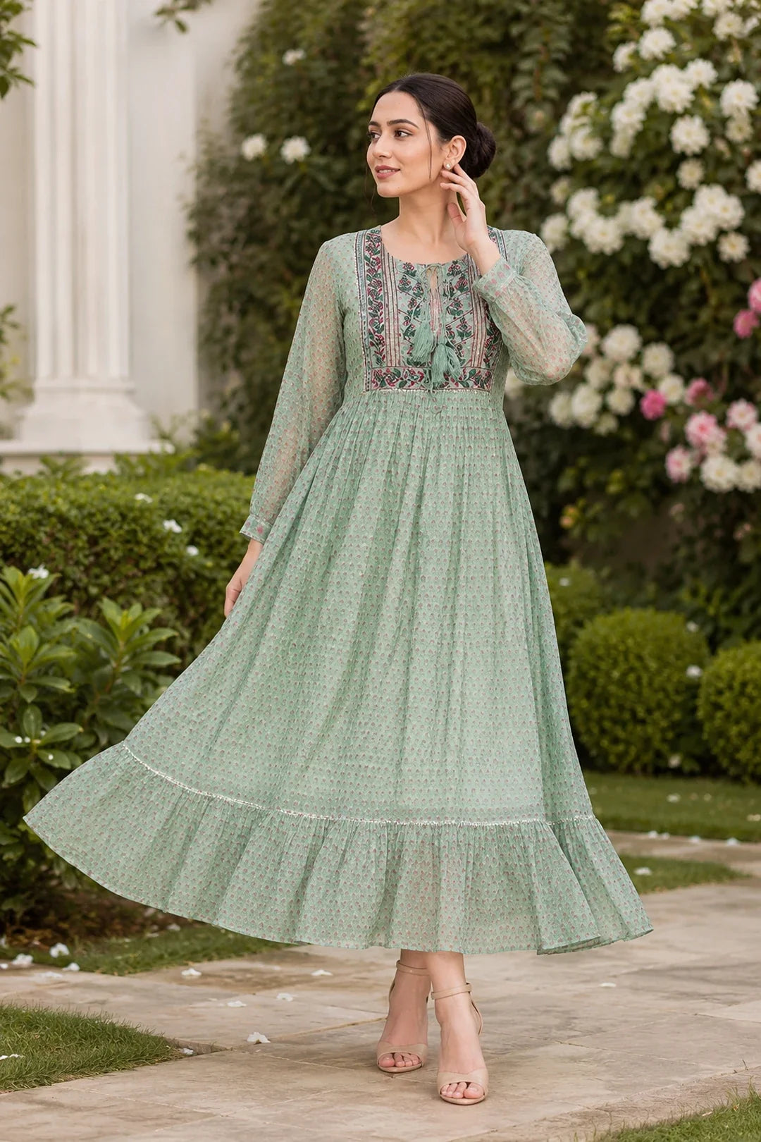 Utsav Ahila Kota Doria Block Printed Maxi Dress