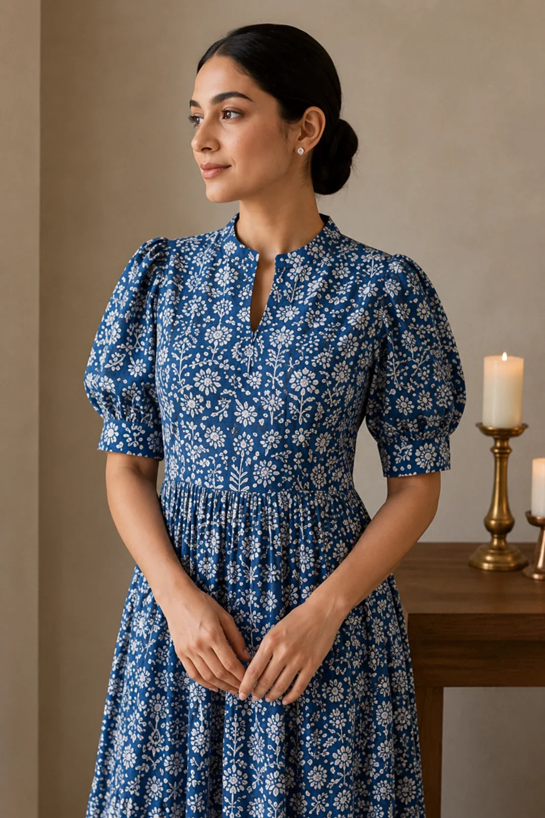 Utsav Navy Floral Jaal Block Printed Dress