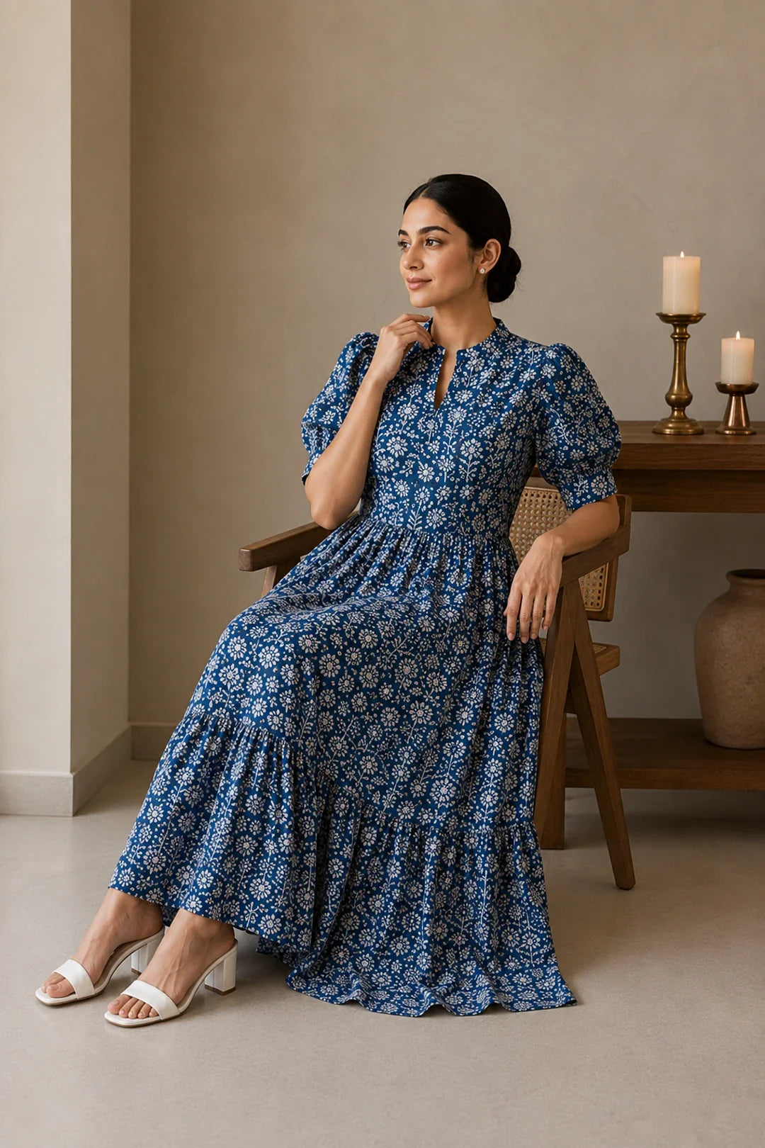 Utsav Navy Floral Jaal Block Printed Dress