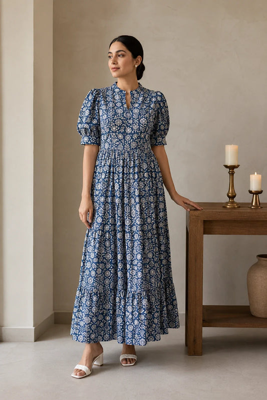 Utsav Navy Floral Jaal Block Printed Dress