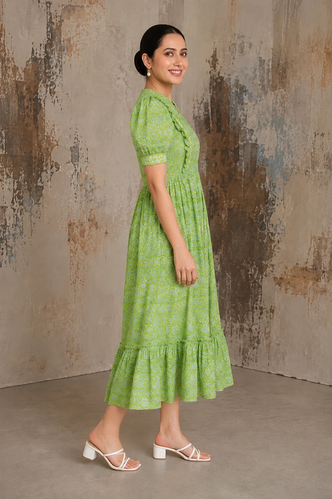 Utsav Green Floral Jaal Block Printed Dress