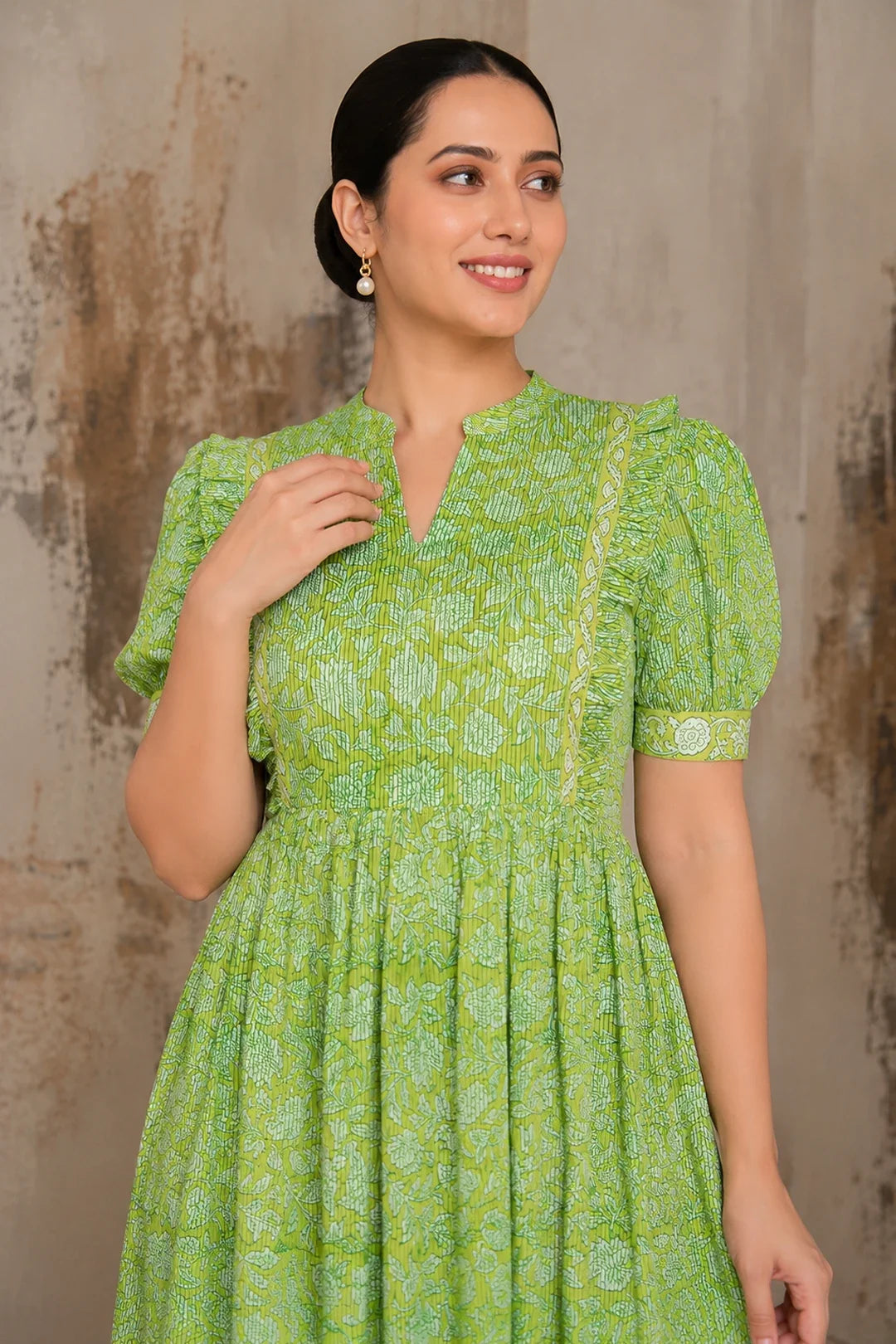 Utsav Green Floral Jaal Block Printed Dress