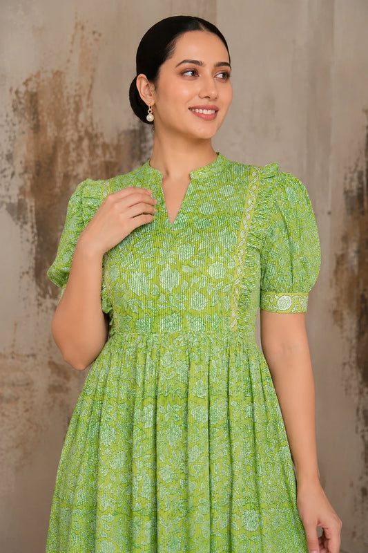 Utsav Green Floral Jaal Block Printed Dress