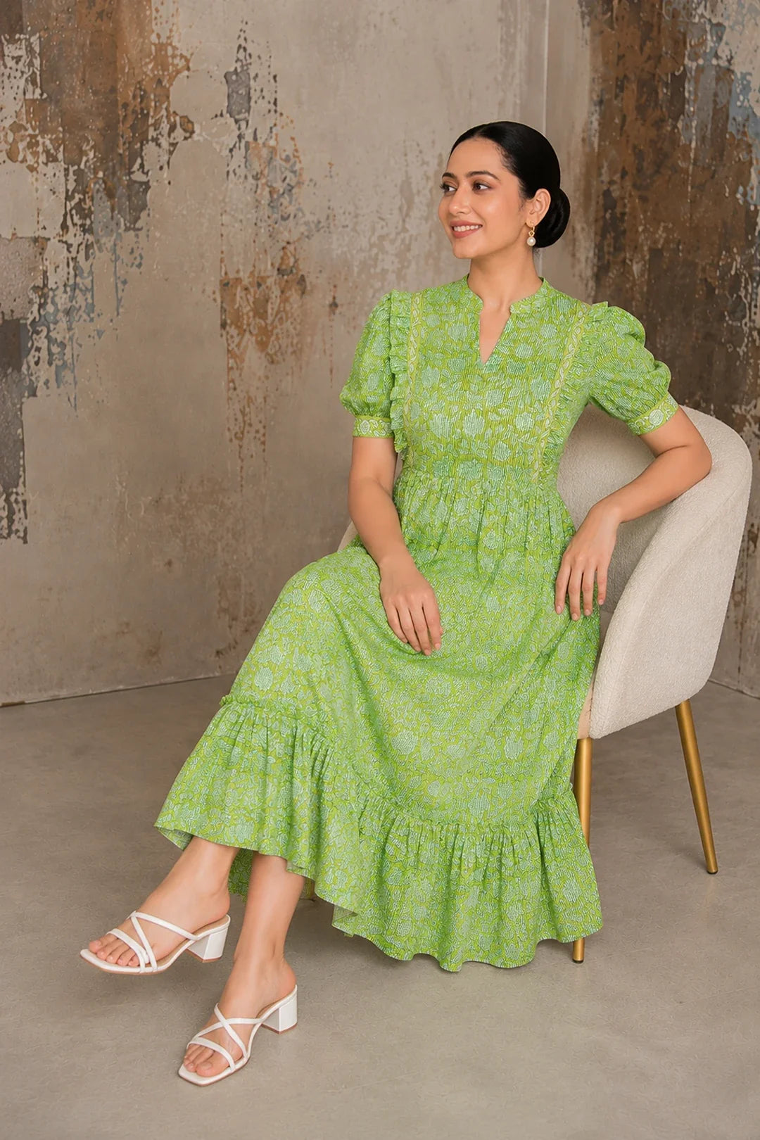 Utsav Green Floral Jaal Block Printed Dress