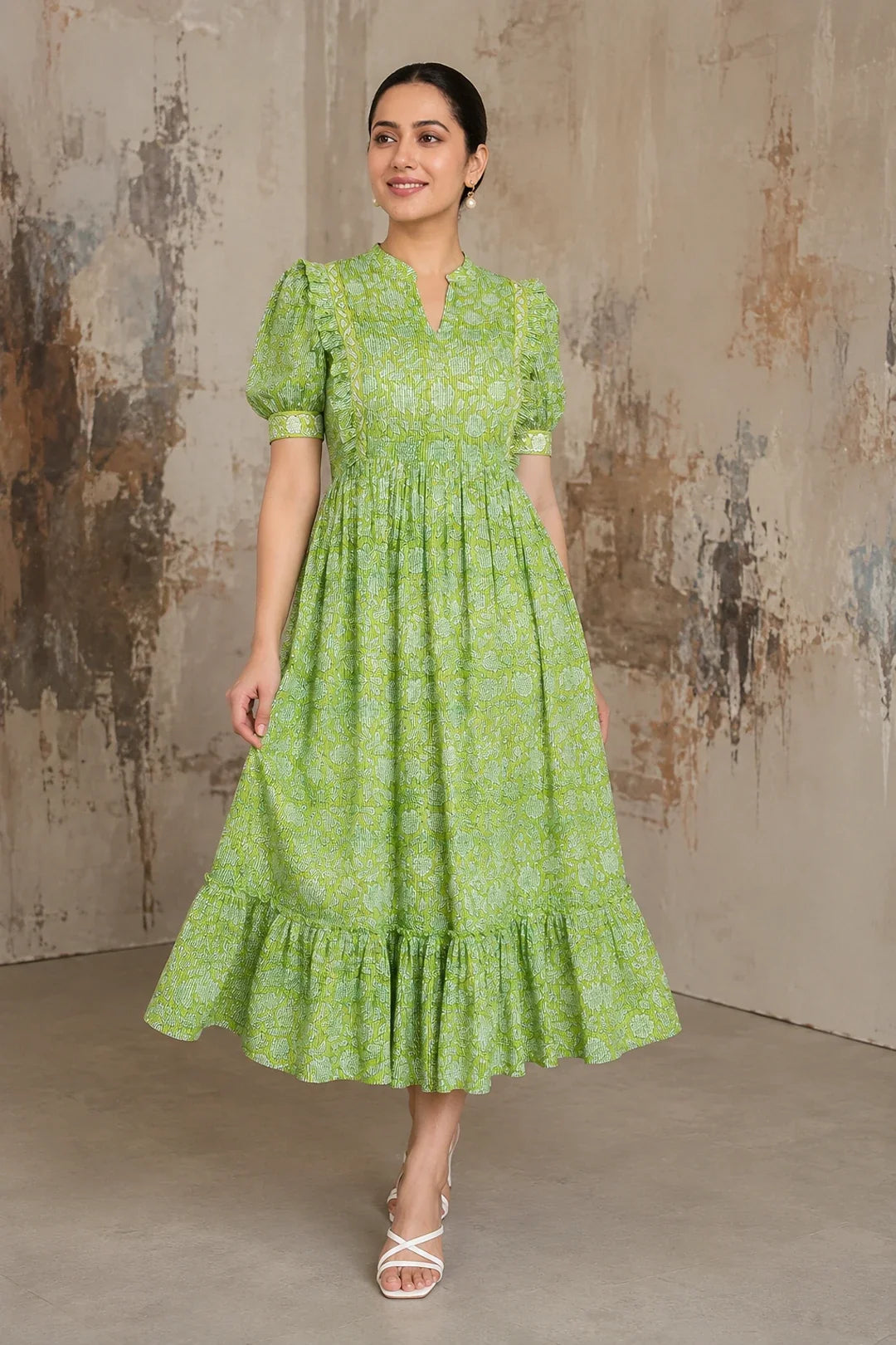 Utsav Green Floral Jaal Block Printed Dress