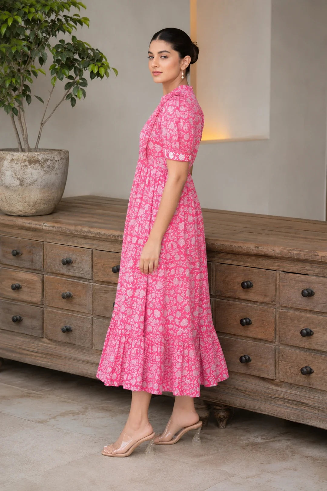 Utsav Pink Floral Jaal Block Printed Dress