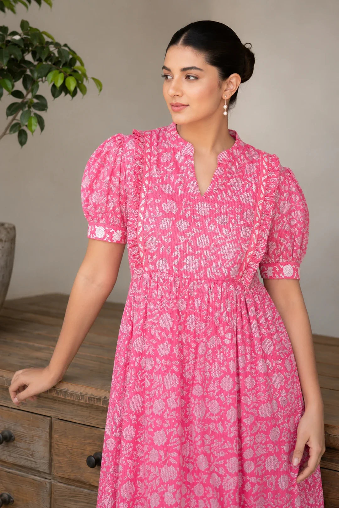 Utsav Pink Floral Jaal Block Printed Dress
