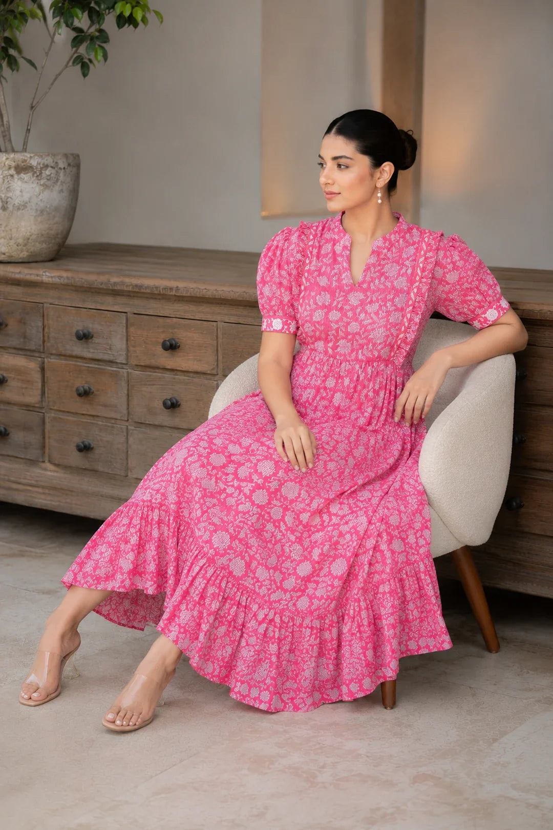 Utsav Pink Floral Jaal Block Printed Dress