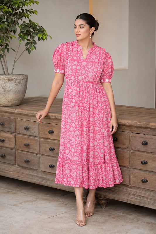 Utsav Pink Floral Jaal Block Printed Dress
