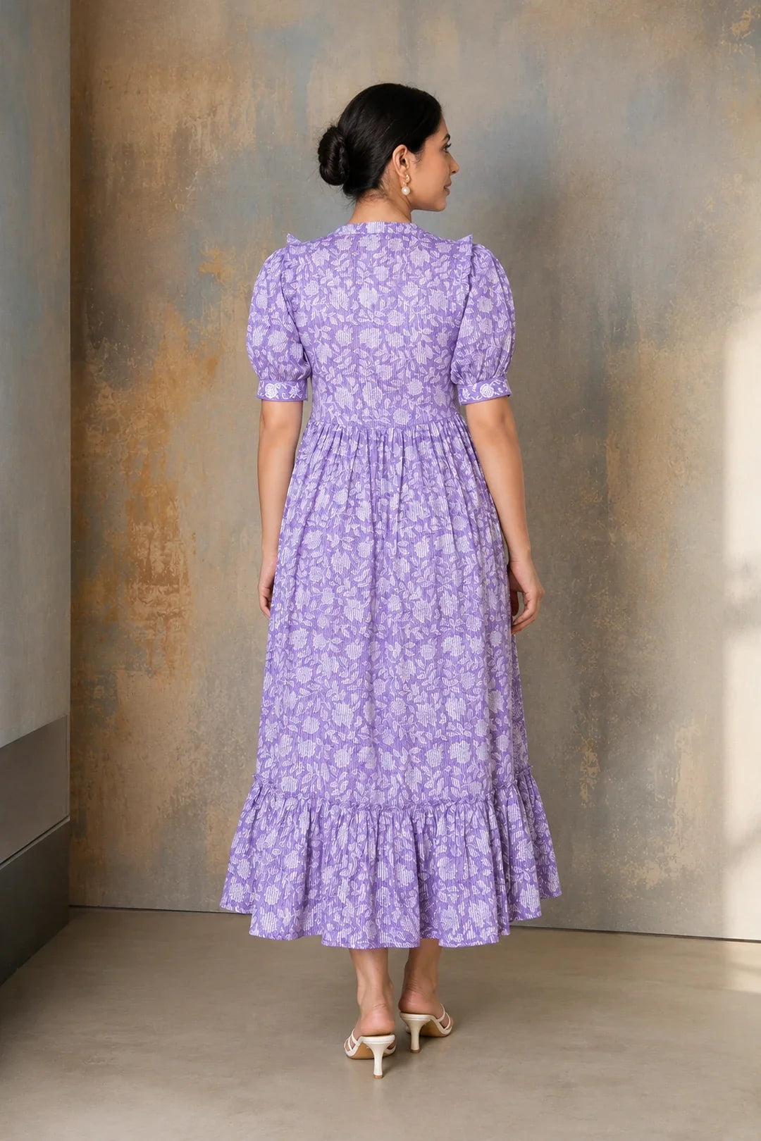 Utsav Purple Floral Jaal Block Printed Dress