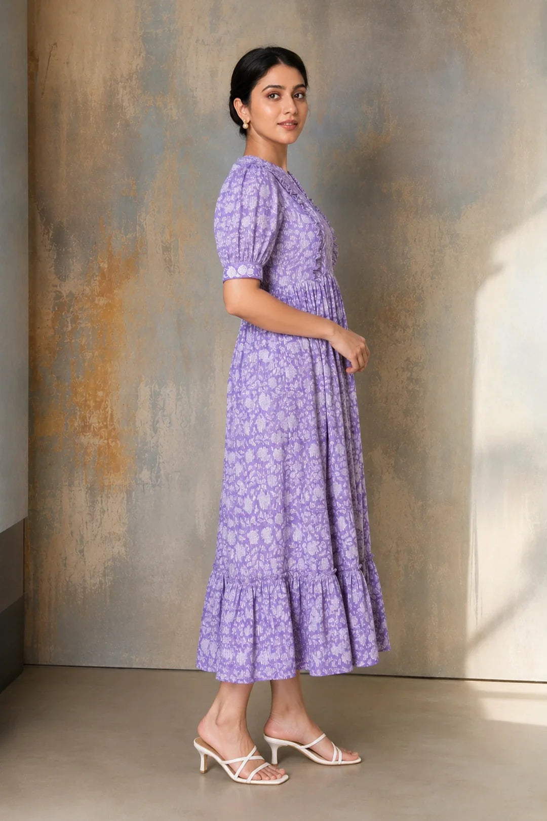 Utsav Purple Floral Jaal Block Printed Dress