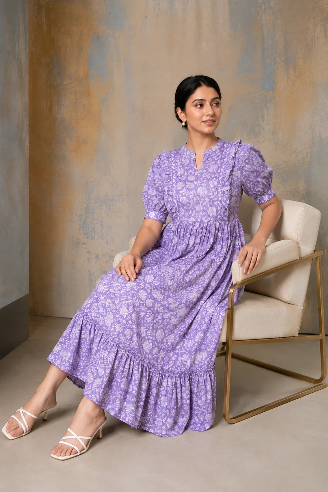 Utsav Purple Floral Jaal Block Printed Dress