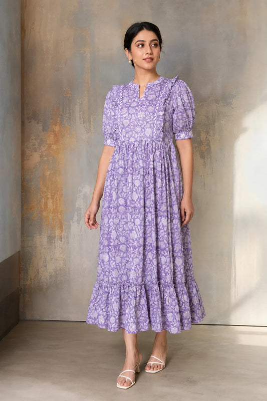 Utsav Purple Floral Jaal Block Printed Dress