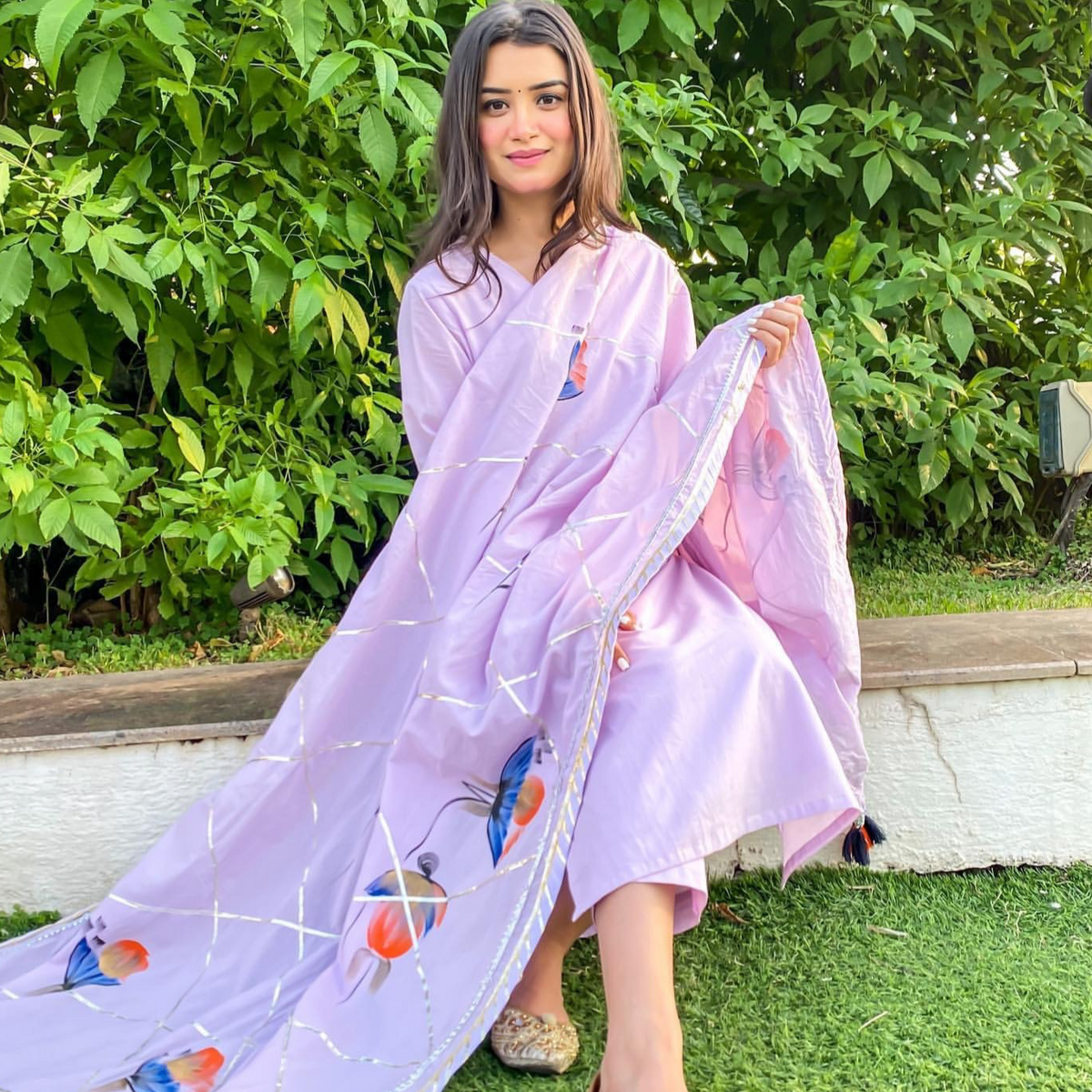 Utsav Lilac Handpainted Dupatta Suit Set (Set of 3)