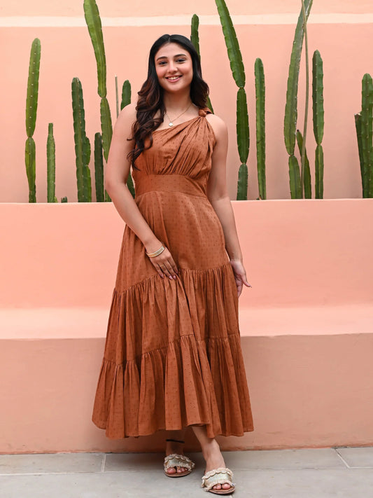 Utsav Brown One Shoulder Cotton Dress