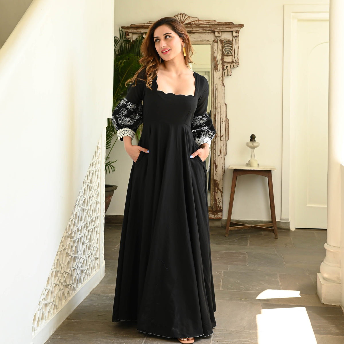 Black Balloon Sleeve Cotton Dress for Women Online