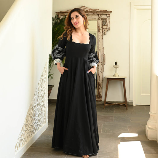 Black Balloon Sleeve Cotton Dress for Women Online