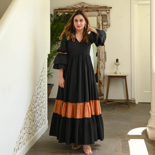 Utsav Black Rust Tier Cotton Dress