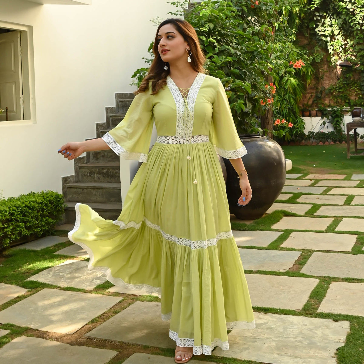 Utsav MELLOW GREEN WHITE LACE DRESS