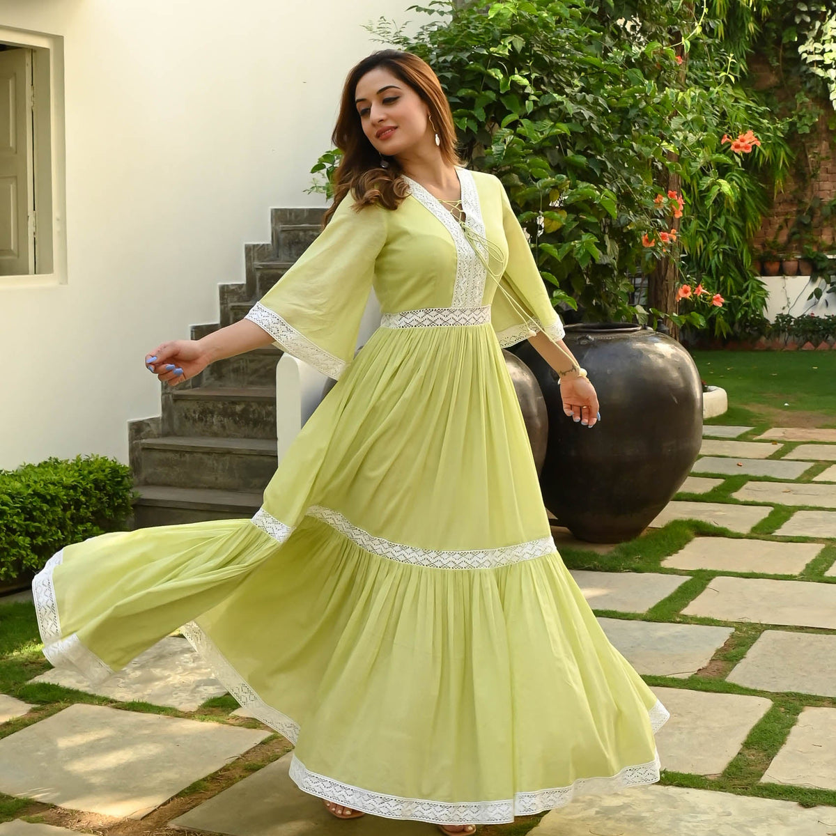 Utsav MELLOW GREEN WHITE LACE DRESS