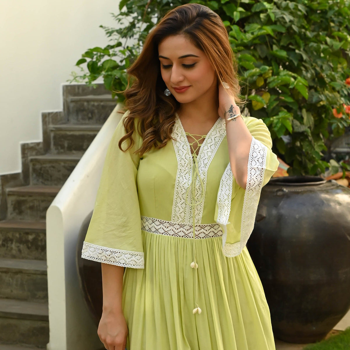 Utsav MELLOW GREEN WHITE LACE DRESS