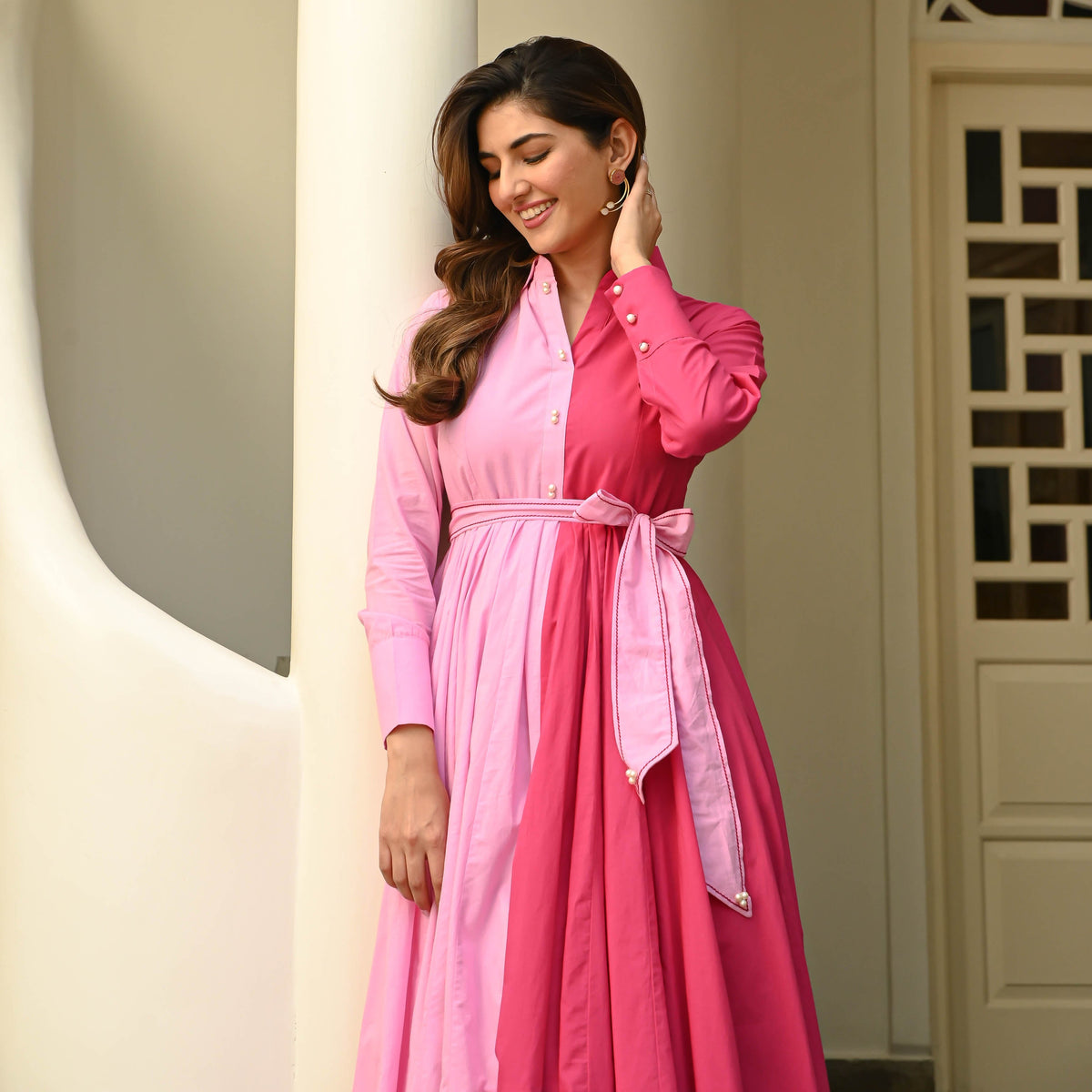 Two Tone Pink Designer Cotton Dress For Women Online
