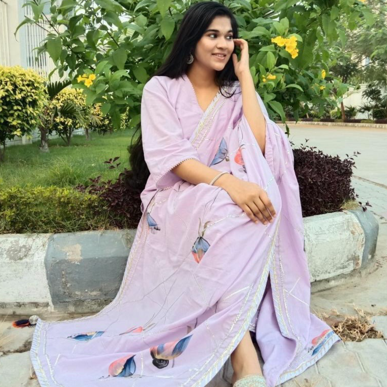 Utsav Lilac Handpainted Dupatta Suit Set (Set of 3)