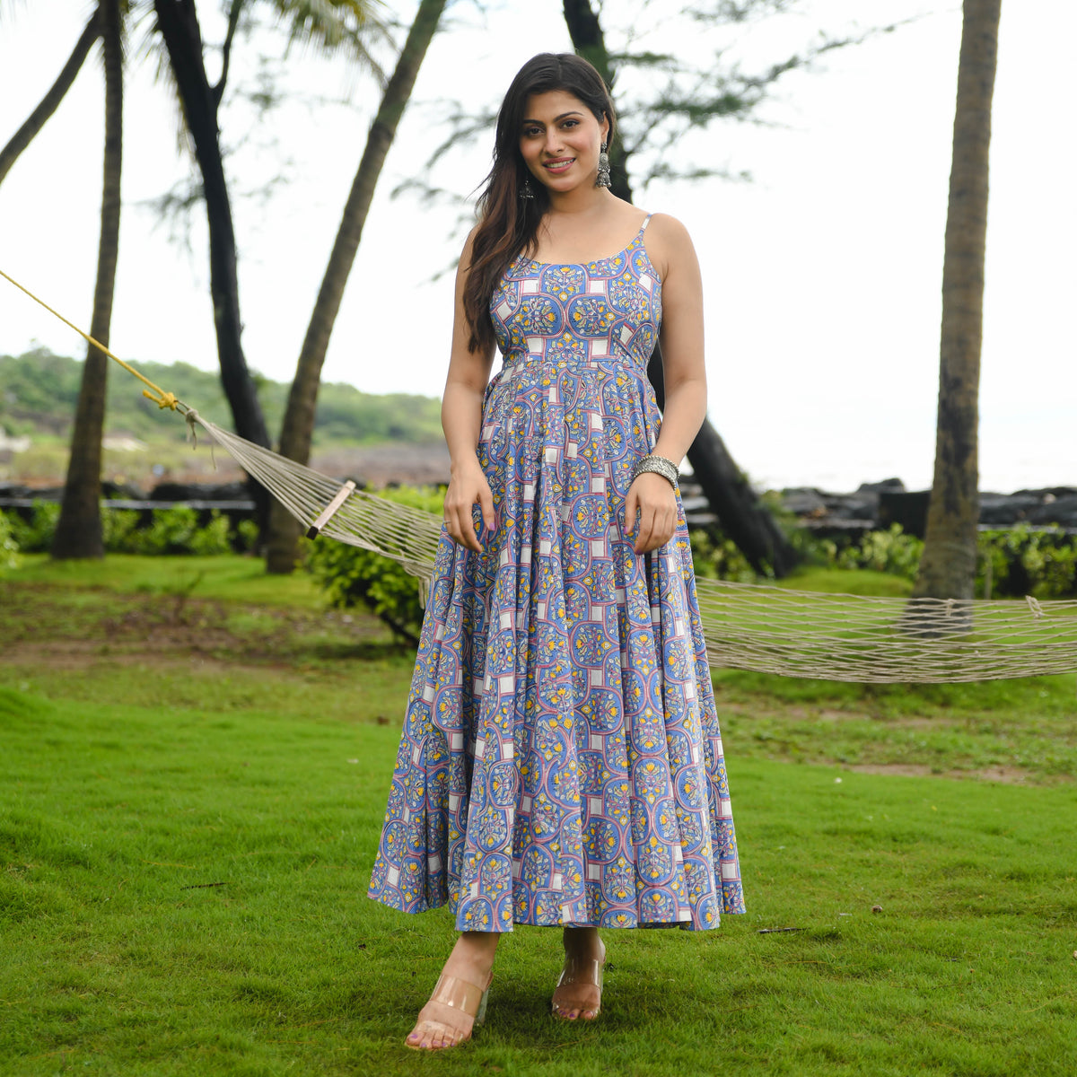 Blue Cotton Printed Dress