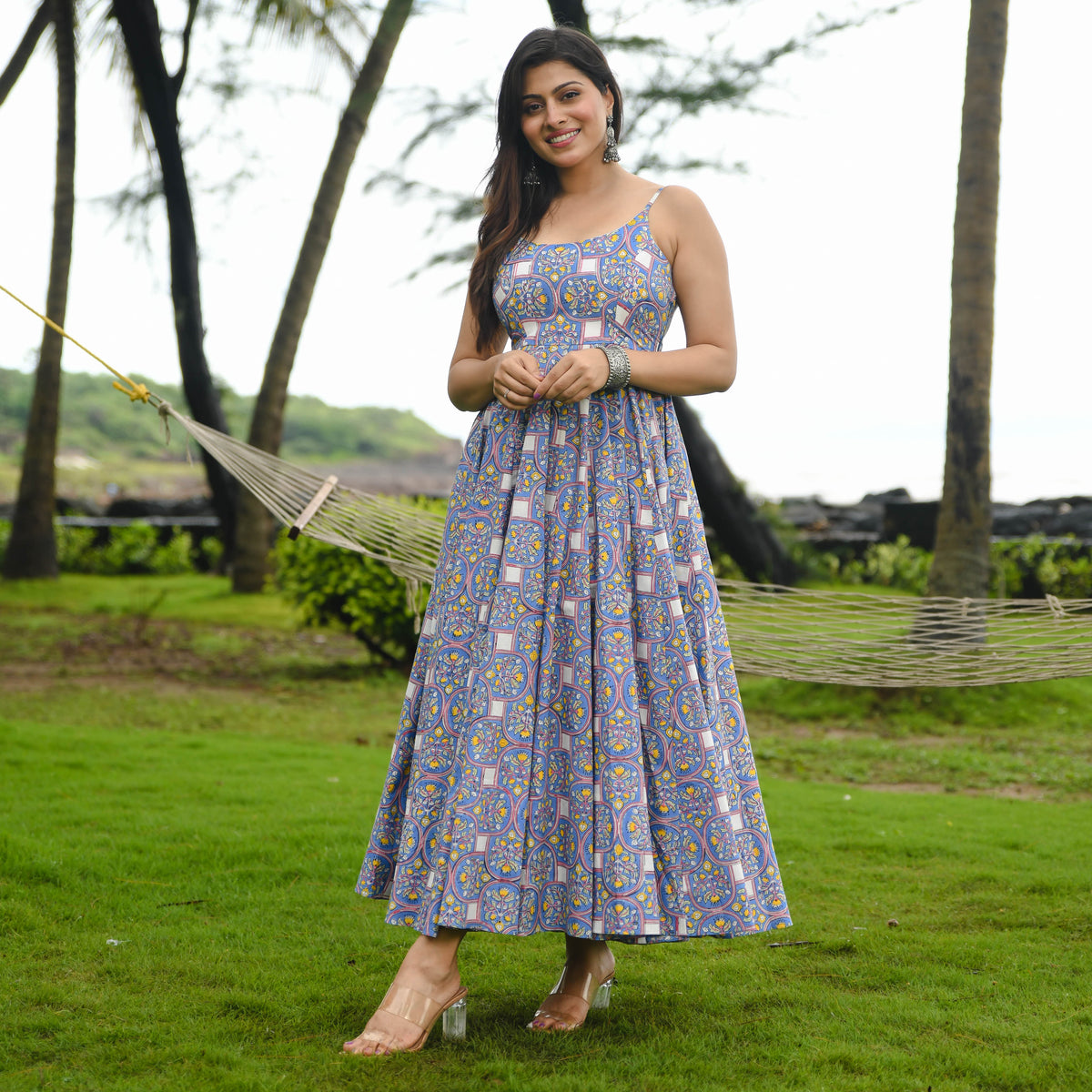Blue Cotton Printed Dress