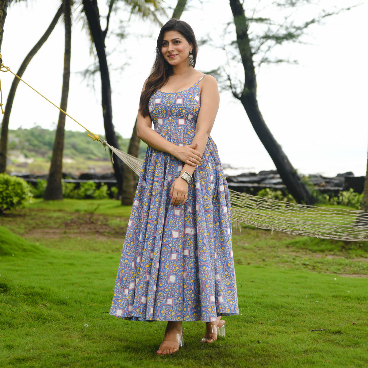 Blue Cotton Printed Dress