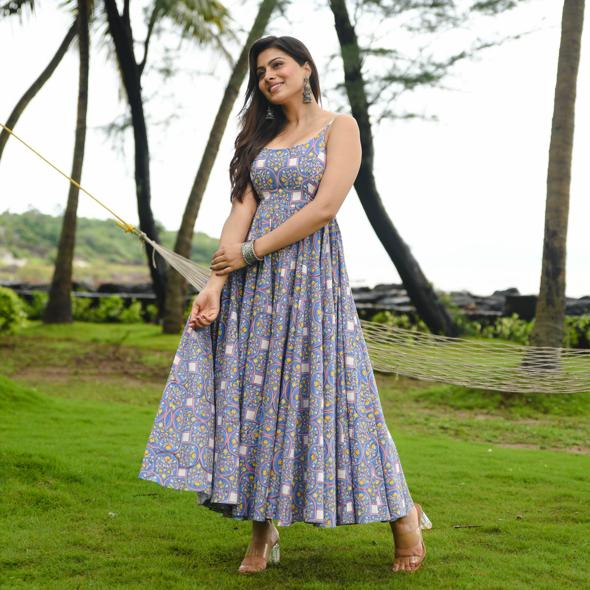 Blue Cotton Printed Dress