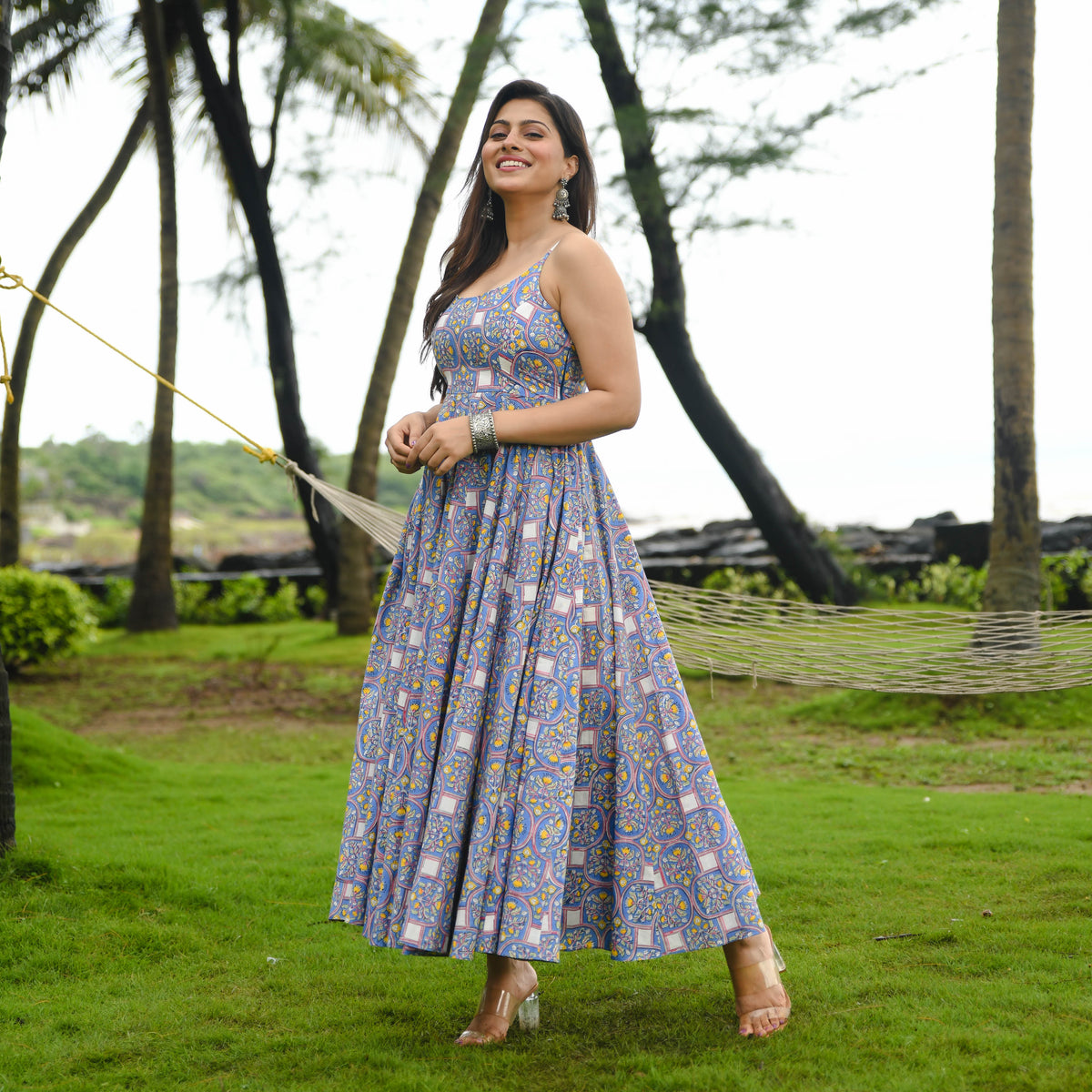 Blue Cotton Printed Dress