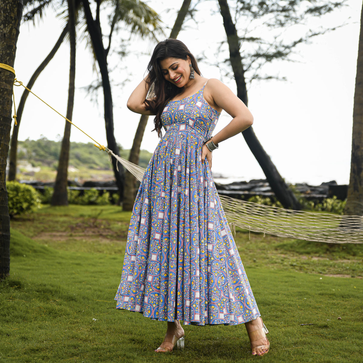 Blue Cotton Printed Dress