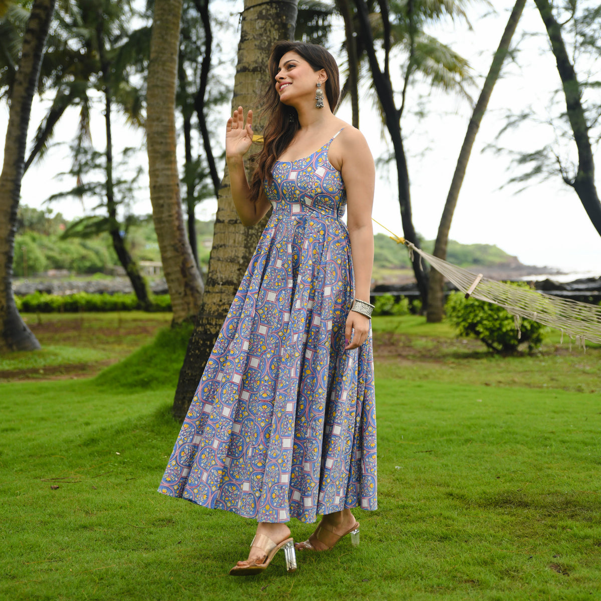 Blue Cotton Printed Dress