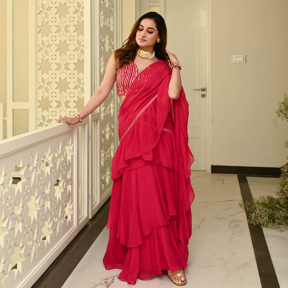 Utsav Hot Pink Georgette Draped Saree