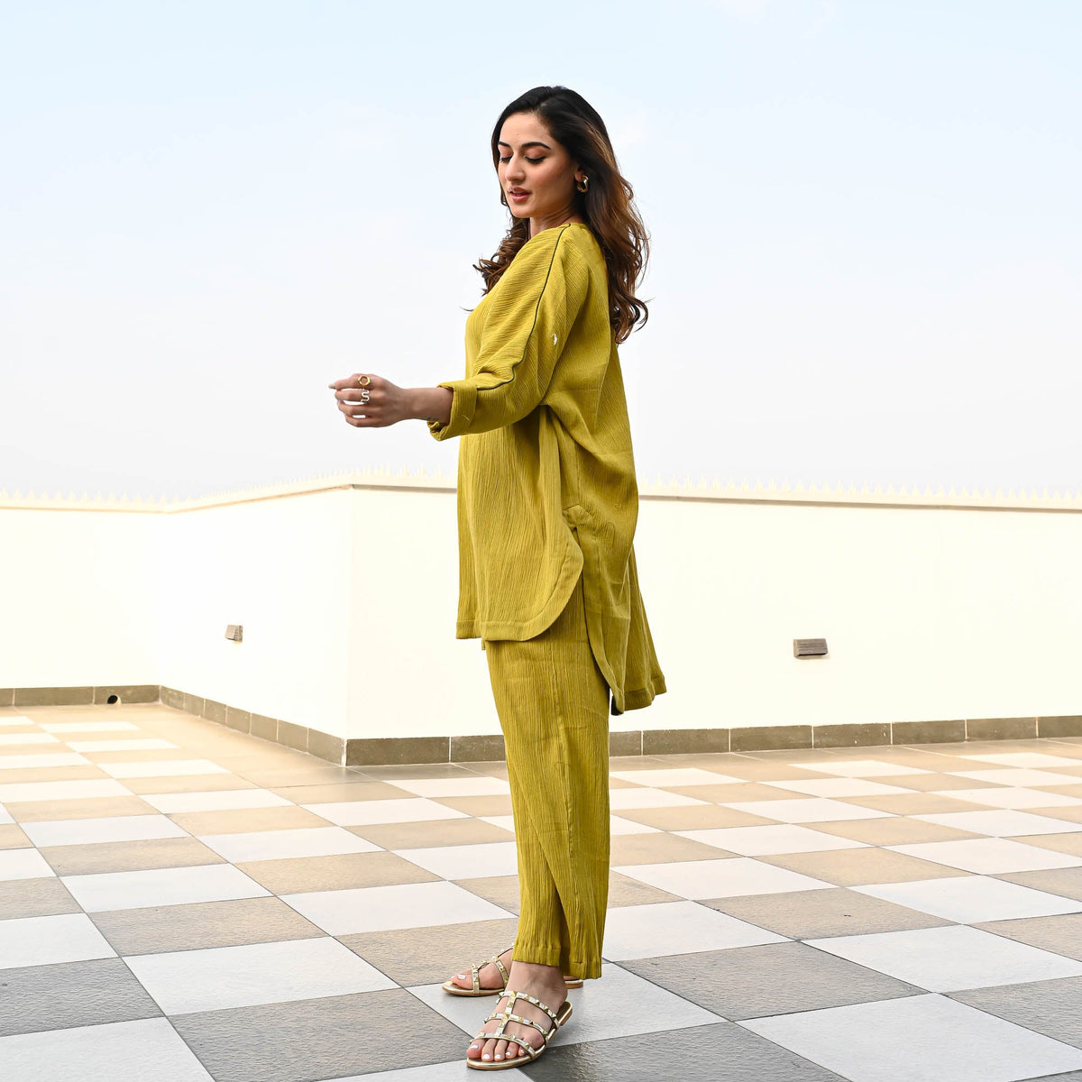 Olive Crushed Cotton Designer Co ord Set For Women Online