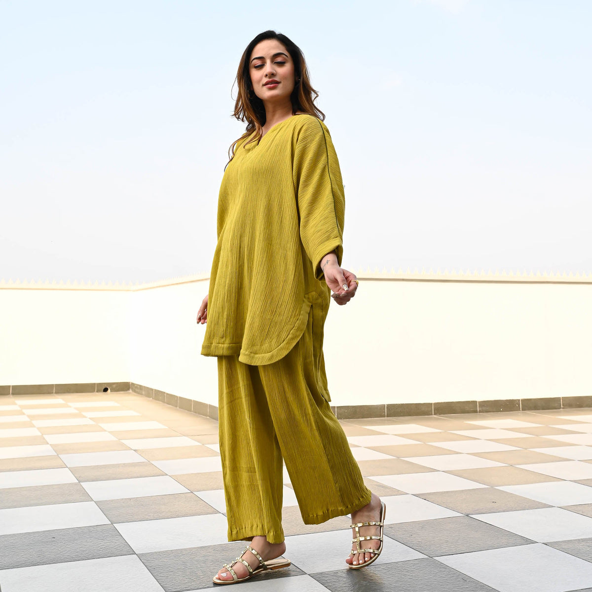 Utsav Olive Crushed Cotton Coord Set