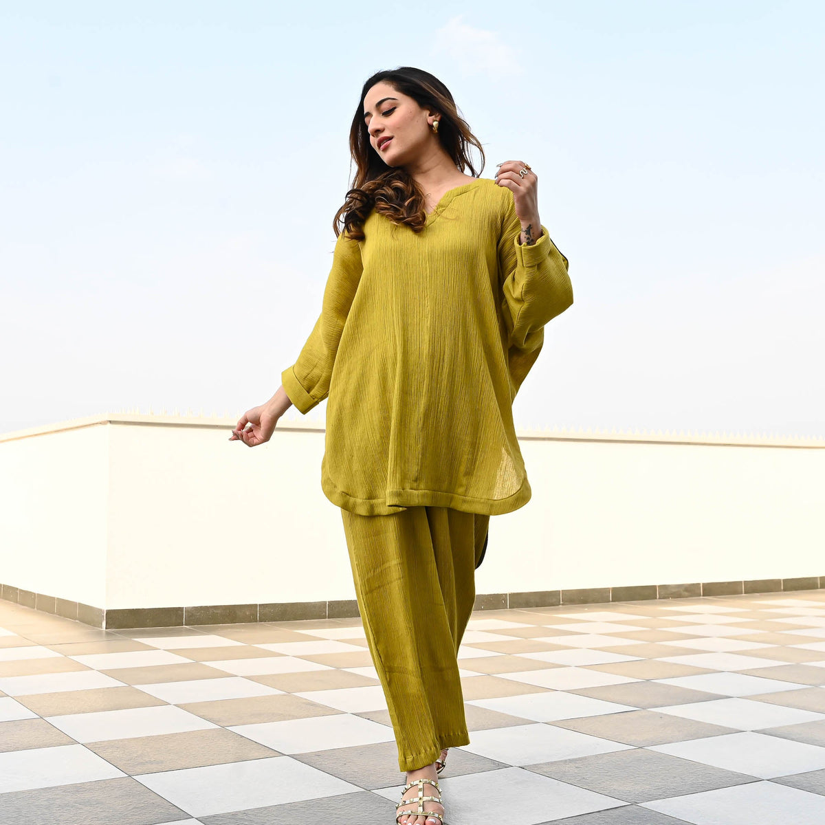 Utsav Olive Crushed Cotton Coord Set